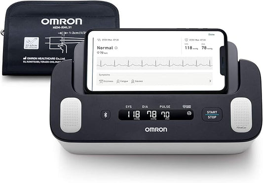 جهاز مراقبة ضغط الدم وتخطيط كهربية القلب الذكي الكامل من OMRON لمراقبة ارتفاع ضغط الدم وفحص الرجفان الأذيني في المنزل